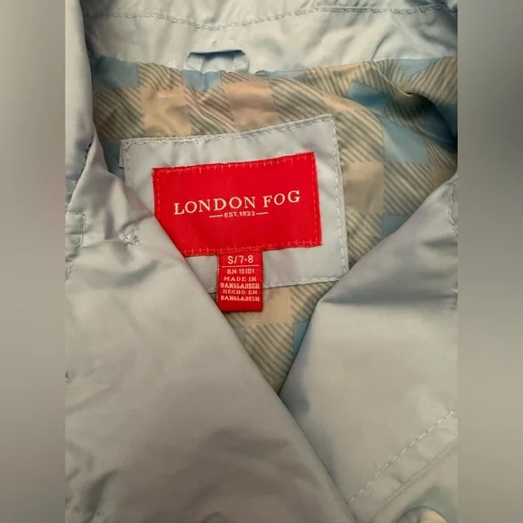 London Fog Girls Trench Coat 7-8 Small Blue Hooded Belted Lightweight Jacket - Picture 2 of 8